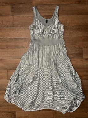 INIZIO Size Small Magic Sleeveless Linen Dress Grey Striped Lagenlook Artsy S